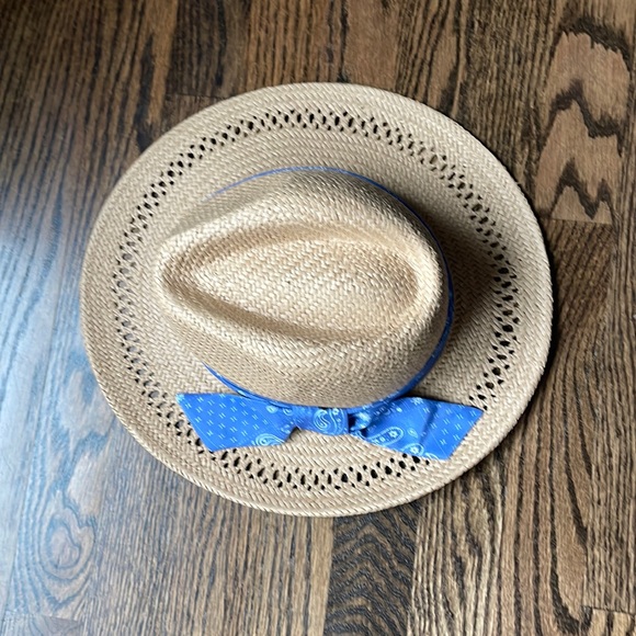 Steve Madden Natural Straw Blue Bandana Bow Fedora Sun Hat - Picture 1 of 4